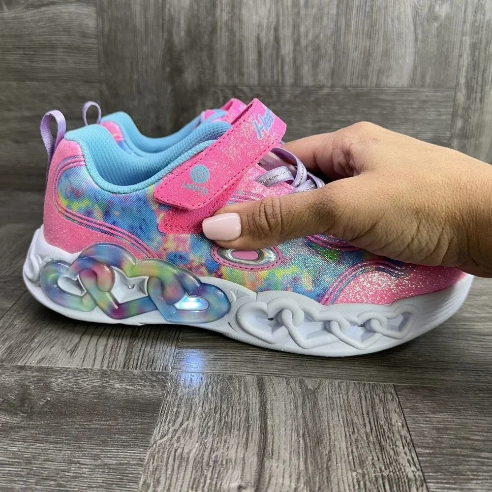 Skechers Sneakers Kids 3 Pink Tie Dye Glitter Light Up Heart Lights NEW 303753L